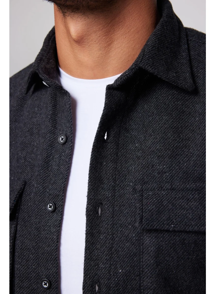 Tudors Slim Fit Slim Fit Flap Double Pocket Plain Lumberjack Gray Men's Shirt