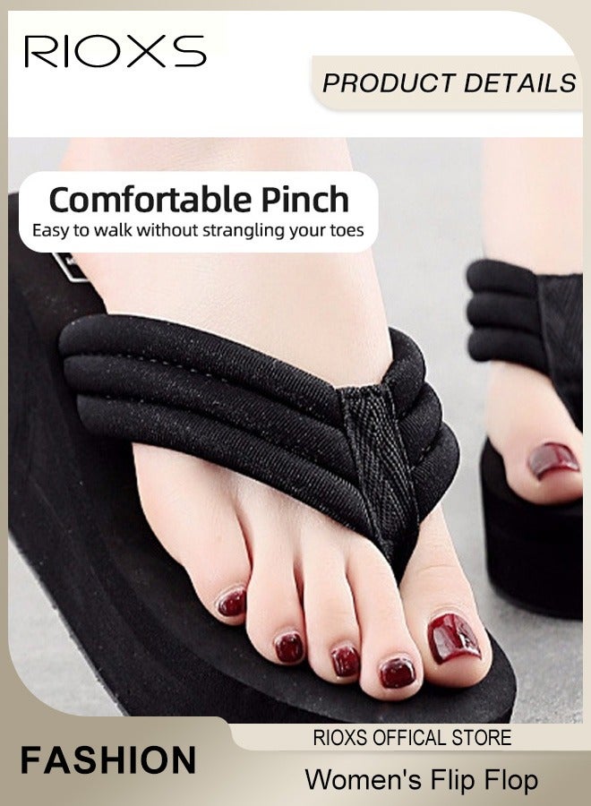 RIOXS Women's Wedge Platform Flip Flops, Trendy Arch Support Wedge Sandals for Ladies, Casual Non-Slip Thick Sole Platform Beach Sandals, Summer Slip-On Thong Sandas, Comfortable Cushion Slippers for Beach, Pool, Wear, Street, Home, and Daily Wear, Black - Image 2