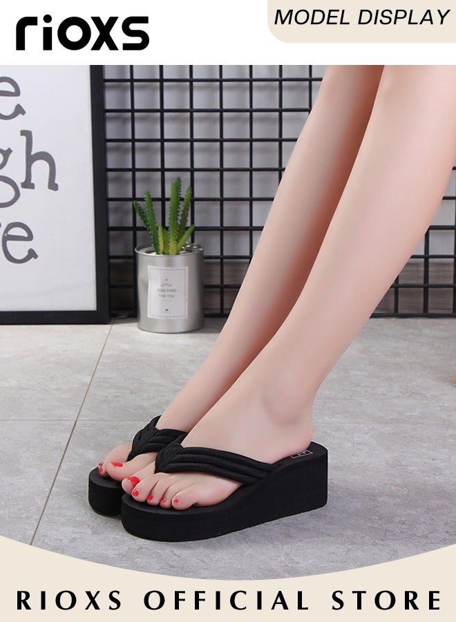 RIOXS Women's Wedge Platform Flip Flops, Trendy Arch Support Wedge Sandals for Ladies, Casual Non-Slip Thick Sole Platform Beach Sandals, Summer Slip-On Thong Sandas, Comfortable Cushion Slippers for Beach, Pool, Wear, Street, Home, and Daily Wear, Black - Image 5