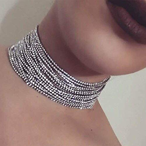 YERTTER Women Waterfall Rhinestone Chain Multilayered Chain Full Crystal Tight Sparkly Choker for Party Prom Vacation (Silver) - Image 3