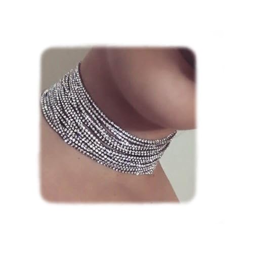 YERTTER Women Waterfall Rhinestone Chain Multilayered Chain Full Crystal Tight Sparkly Choker for Party Prom Vacation (Silver) - Image 1