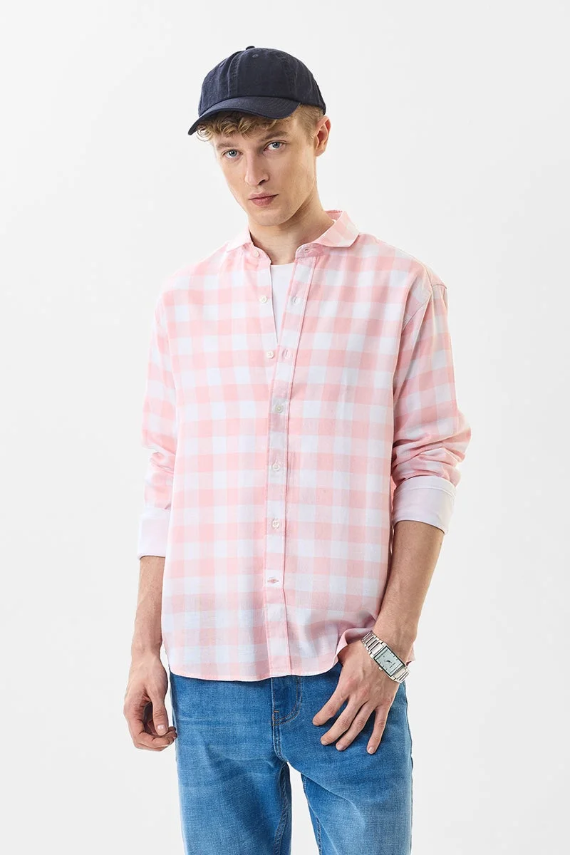 سنيتش قميص كاروهات وردي باستيل بقصة عادية من مزيج الكتان