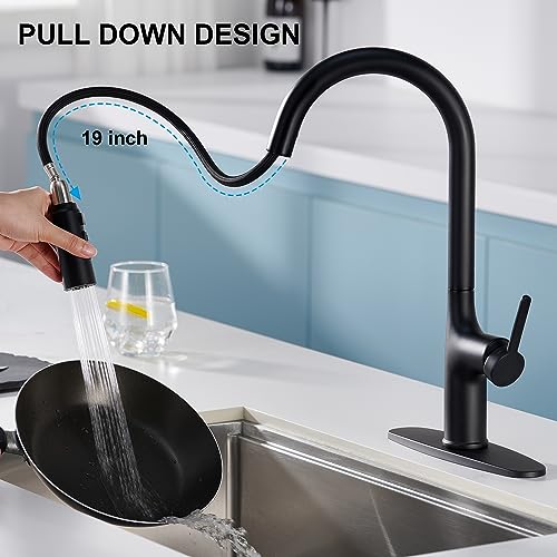 FROPO Black Kitchen Faucet with Pull Down Sprayer, Kitchen Sink Faucets with Deck Plate 3-Function Power Boost Pull Out Sprayer Modern Single Handle Commercial Kitchen Faucets - Image 3