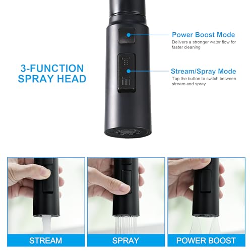FROPO Black Kitchen Faucet with Pull Down Sprayer, Kitchen Sink Faucets with Deck Plate 3-Function Power Boost Pull Out Sprayer Modern Single Handle Commercial Kitchen Faucets - Image 2