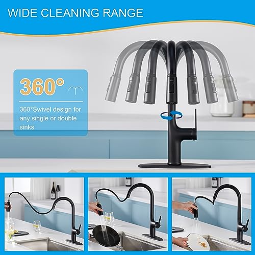 FROPO Black Kitchen Faucet with Pull Down Sprayer, Kitchen Sink Faucets with Deck Plate 3-Function Power Boost Pull Out Sprayer Modern Single Handle Commercial Kitchen Faucets - Image 4