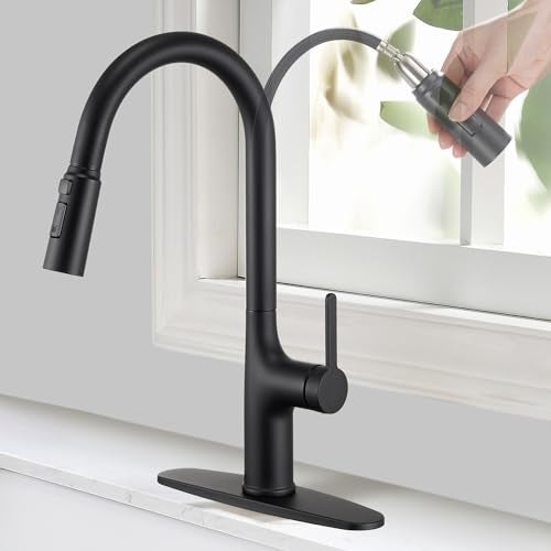 FROPO Black Kitchen Faucet with Pull Down Sprayer, Kitchen Sink Faucets with Deck Plate 3-Function Power Boost Pull Out Sprayer Modern Single Handle Commercial Kitchen Faucets - Image 1