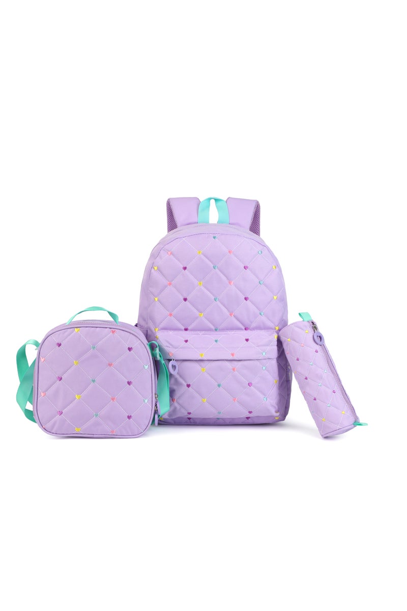 مجموعة حقيبة ظهر 3 في 1 للبنات - حقيبة مبطنة خفيفة الوزن، وحقيبة غداء، وحافظة أقلام - بنفسجي لافندر، وأشرطة قابلة للتعديل، متينة لطلاب المرحلة الابتدائية والإعدادية - Image 1
