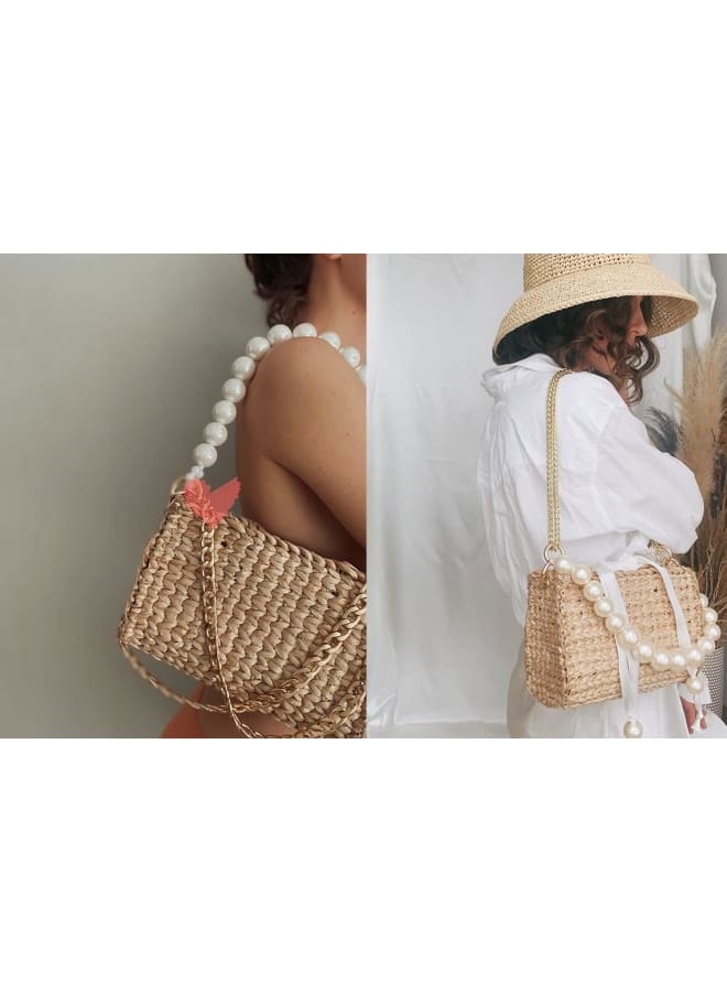 Jevon 2 Pieces Large Imitation Pearl Bead Handle Chain Short Handbag Purse Chain Replacement Bag Shoulder Strap Accessories with Golden Clasp for Bags Women, White  - Image 2