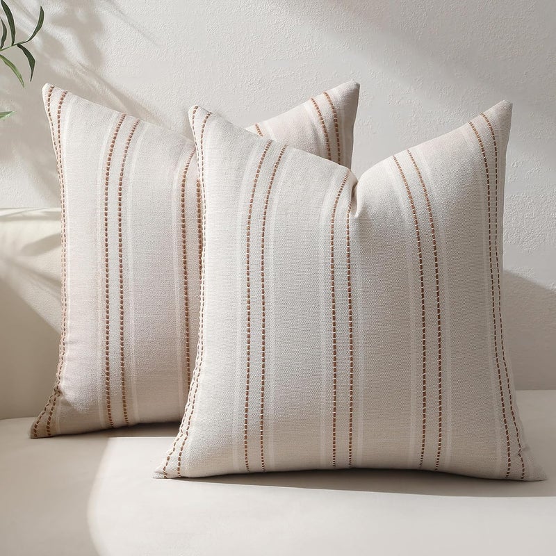 Hckot Fall Throw Pillow Covers 24x24 Set of 2 Striped Rust Pillow Covers Textured Linen Decorative Pillows Square Cushion Covers for Sofa Couch Bed Living Room Farmhouse Decor(Caramel) - Image 1