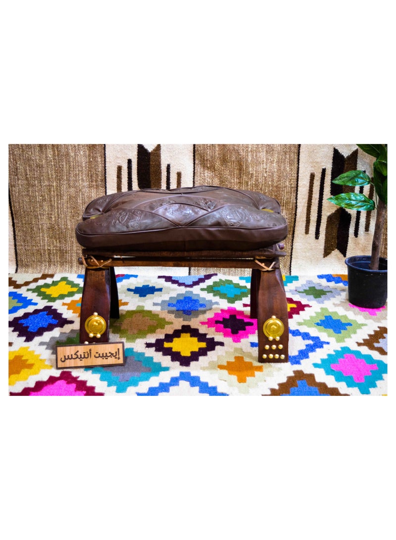 Egypt Antiques Small camel chair with base made of natural leather, brown color, 100% handmade, produced by Egypt Antiques - Image 1