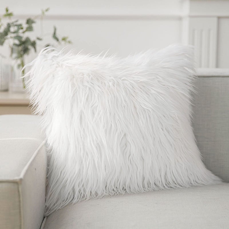 Phantoscope Faux Fur Solid Decorative Pillow Cover Fluffy Throw Pillow Mongolian Luxury Fuzzy Pillow Case Cushion Cover for Bedroom and Couch True White 26 x 26 Inches Pack of 1