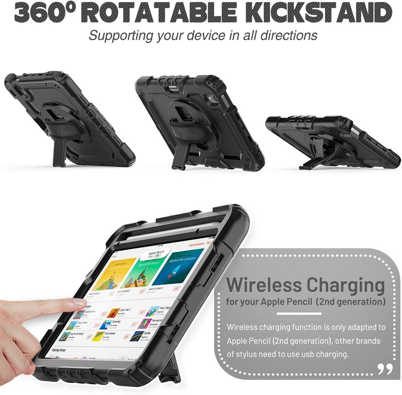 SEYMAC Case for iPad Mini 7 (A17 Pro) 2024 / Mini 6 8.3'' with Screen Protector Pencil Holder [Rotating Stand & Strap], Drop-Proof Case for iPad Mini 7th / 6th Generation 8.3", Black - Image 5