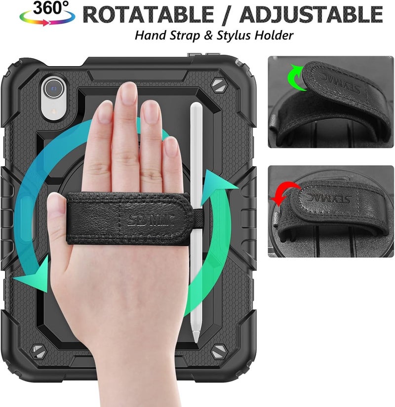 SEYMAC Case for iPad Mini 7 (A17 Pro) 2024 / Mini 6 8.3'' with Screen Protector Pencil Holder [Rotating Stand & Strap], Drop-Proof Case for iPad Mini 7th / 6th Generation 8.3", Black - Image 2
