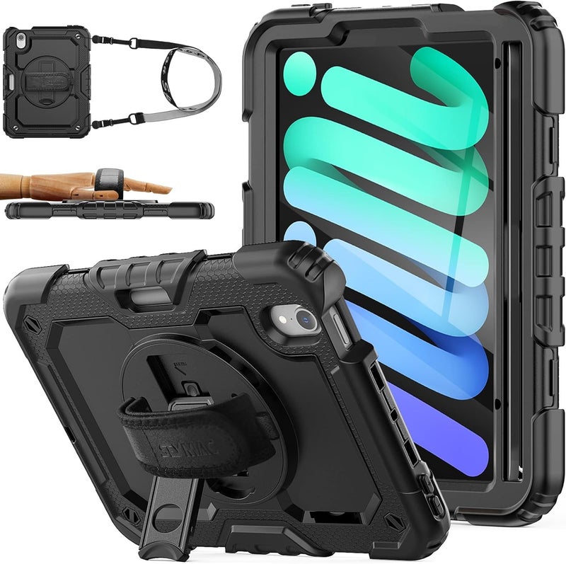 SEYMAC Case for iPad Mini 7 (A17 Pro) 2024 / Mini 6 8.3'' with Screen Protector Pencil Holder [Rotating Stand & Strap], Drop-Proof Case for iPad Mini 7th / 6th Generation 8.3", Black - Image 1