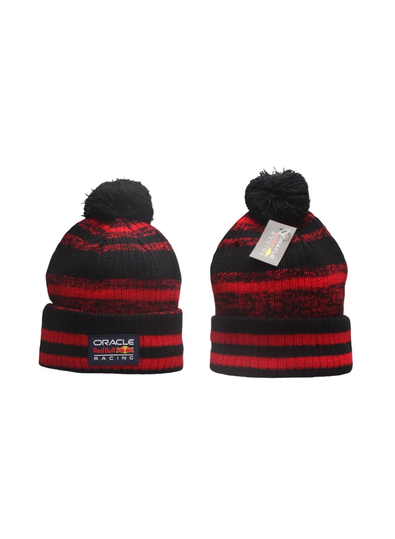 Oracle Red Bull Black Red Heather Stripe Pom Pom Knit Hat