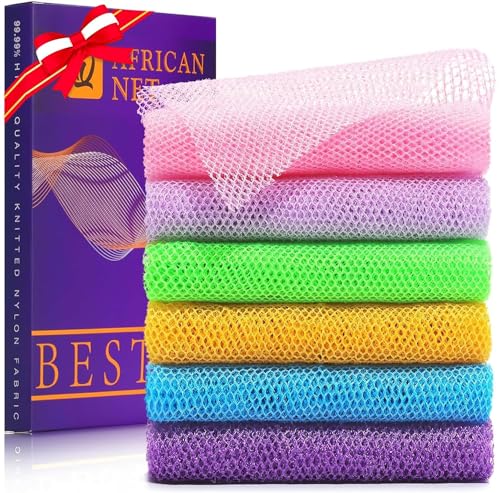 UJFQBH 6 Pieces African Bath Sponge African Net Long Net Bath Sponge Exfoliating Shower Body Scrubber Back Scrubber Skin SmootherGreat for Daily Use Purple Purple Pink Orange Blue Green
