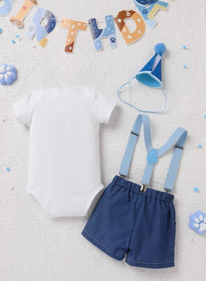 IMEKIS First Birthday Outfit Boy: Toddler Baby One Year Old Cake Smash Photoshoot Romper Suspenders Shorts Pants Sets Hat Summer Short Sleeve Clothes Blue 1 Birthday 9-12 Months - Image 3