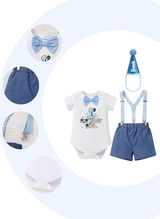 IMEKIS First Birthday Outfit Boy: Toddler Baby One Year Old Cake Smash Photoshoot Romper Suspenders Shorts Pants Sets Hat Summer Short Sleeve Clothes Blue 1 Birthday 9-12 Months - Image 4