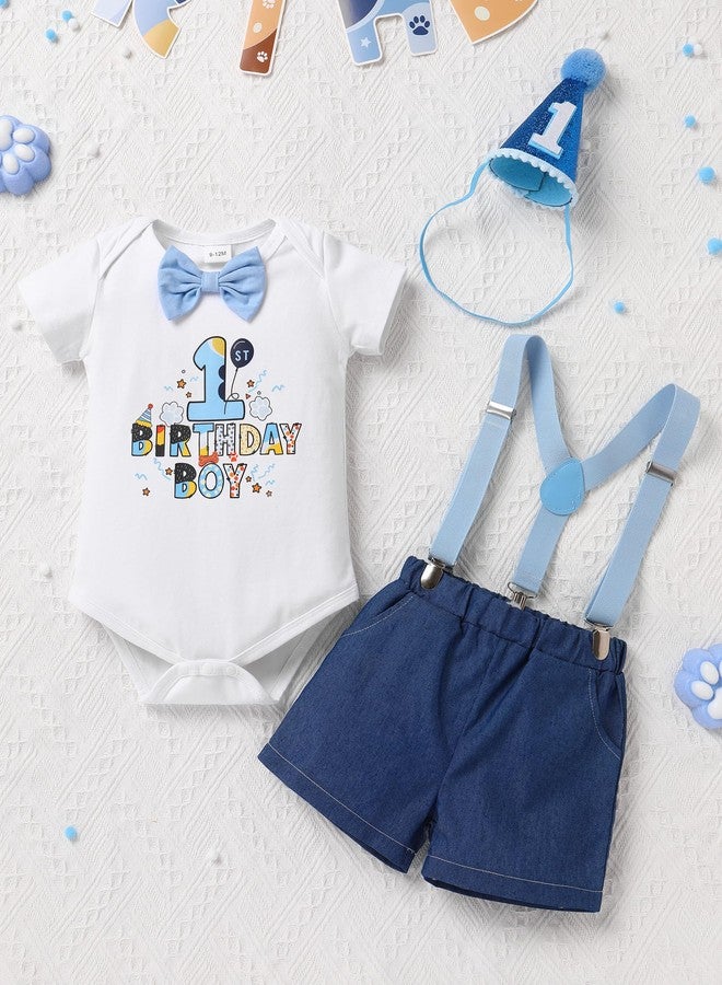 IMEKIS First Birthday Outfit Boy: Toddler Baby One Year Old Cake Smash Photoshoot Romper Suspenders Shorts Pants Sets Hat Summer Short Sleeve Clothes Blue 1 Birthday 9-12 Months - Image 2