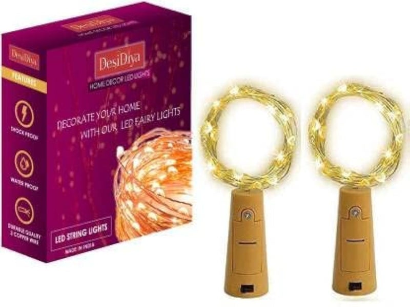 Desidiya® Bottle Lights with Cork, Mini Copper Wire, 24 LED Battery Operated String Decorative 200cm Fairy Light DIY Festive Decor for Diwali Wedding Party Decoration - Pack of 2 (Warm White) - Image 1
