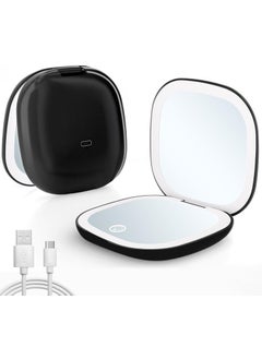 Qidoe Compact Travel Makeup Mirror, Rechargeable 1X/10X Magnifying Compact Mirror with Dimmable Light, 2-Sided Handheld Portable Folding Mirror, Mini Makeup Mirror for Purse, Pocket, Gifts (Black) 