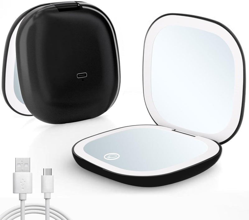 Qidoe Compact Travel Makeup Mirror, Rechargeable 1X/10X Magnifying Compact Mirror with Dimmable Light, 2-Sided Handheld Portable Folding Mirror, Mini Makeup Mirror for Purse, Pocket, Gifts (Black) 