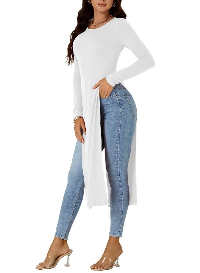 OPOIPIN Women's Crew Neck Split Slit Hem Long Sleeve Slim Fit Blouse Long Shirt Tunic Top White Large, White, L - Image 4