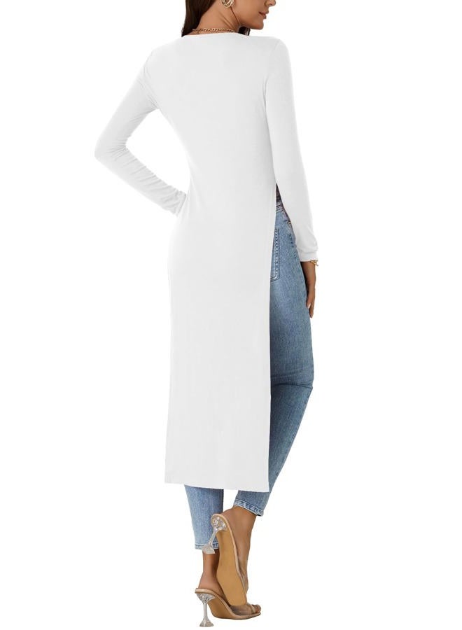 OPOIPIN Women's Crew Neck Split Slit Hem Long Sleeve Slim Fit Blouse Long Shirt Tunic Top White Large, White, L - Image 5