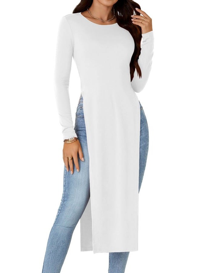 OPOIPIN Women's Crew Neck Split Slit Hem Long Sleeve Slim Fit Blouse Long Shirt Tunic Top White Large, White, L - Image 1