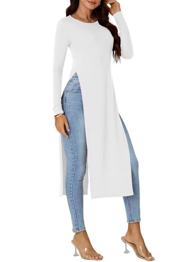 OPOIPIN Women's Crew Neck Split Slit Hem Long Sleeve Slim Fit Blouse Long Shirt Tunic Top White Large, White, L - Image 3