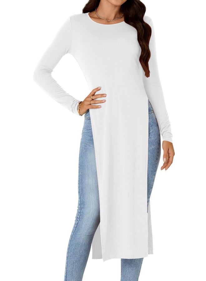 OPOIPIN Women's Crew Neck Split Slit Hem Long Sleeve Slim Fit Blouse Long Shirt Tunic Top White Large, White, L - Image 2