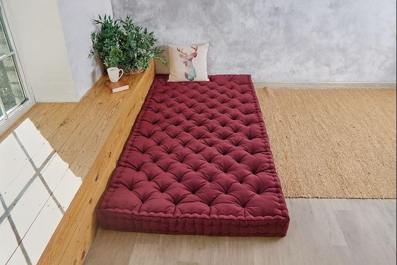 ATOOTFUSION Cotton Floor Mattress, 4 inch Thick Tufted Cushion, 72 x 30 inch, Foldable, Rollable Light Weight Cotton Mattress (Maroon) - Image 3