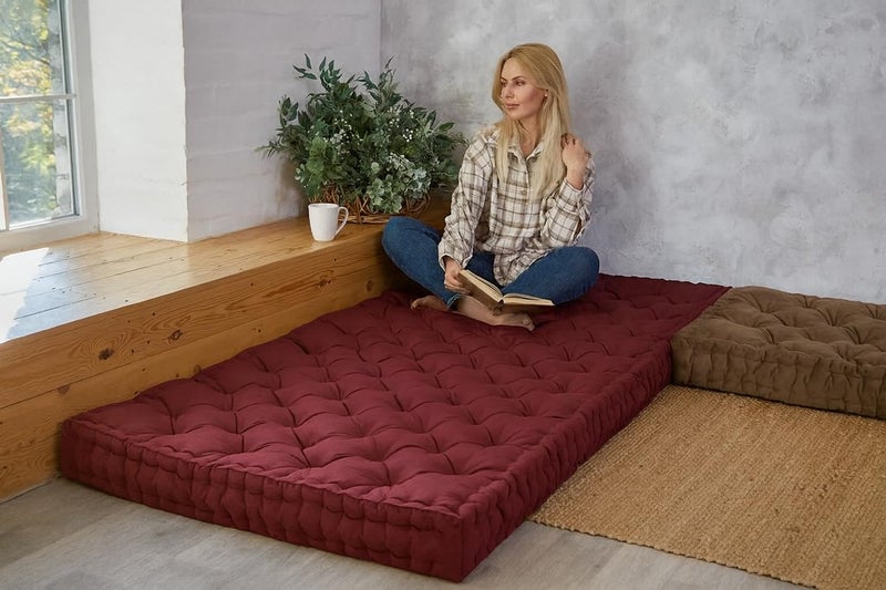 ATOOTFUSION Cotton Floor Mattress, 4 inch Thick Tufted Cushion, 72 x 30 inch, Foldable, Rollable Light Weight Cotton Mattress (Maroon) - Image 1