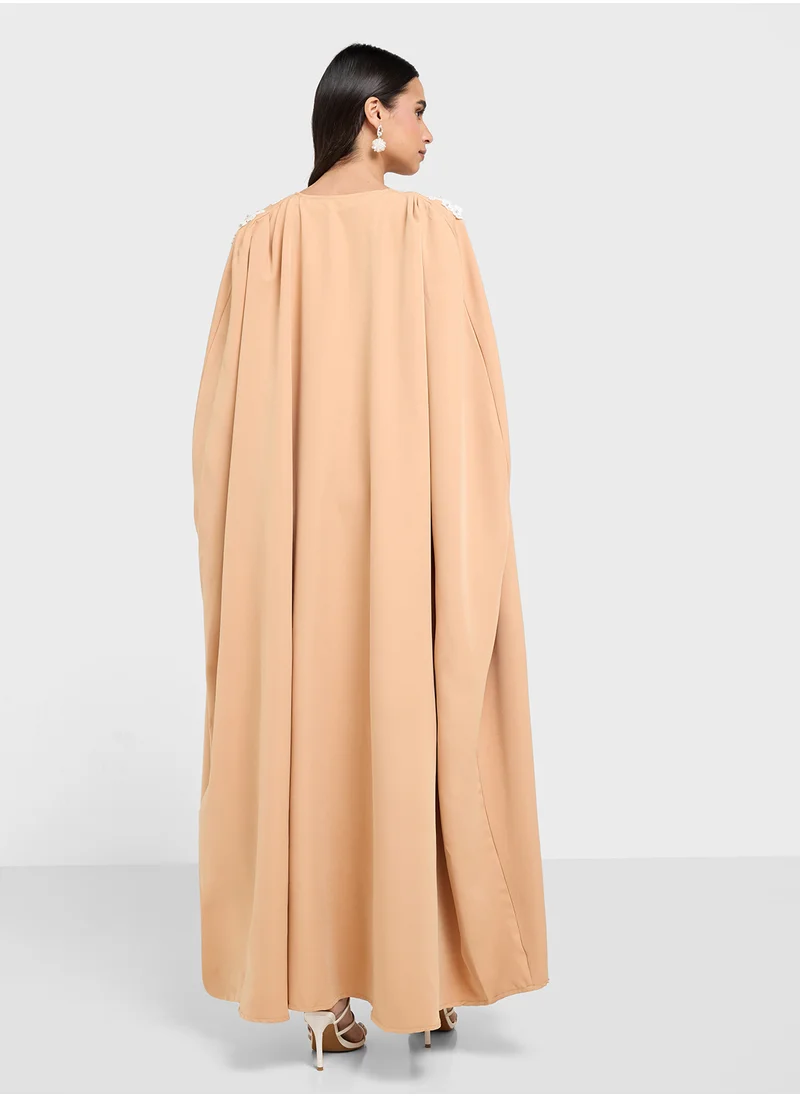 hayas closet Neck Embroidered Front Slit Dress