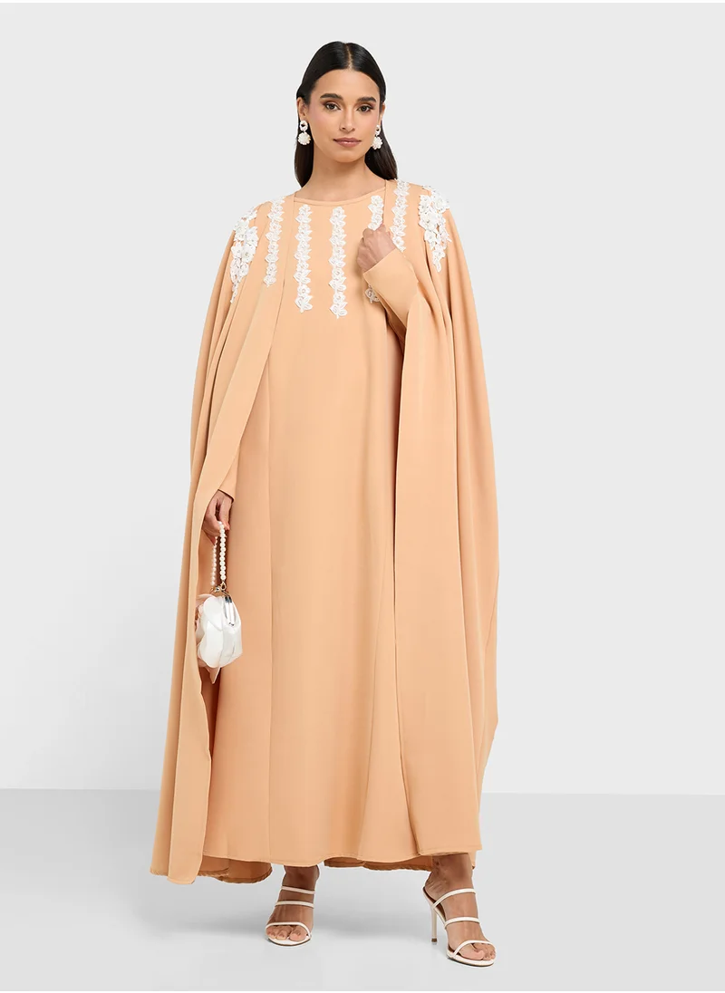 hayas closet Neck Embroidered Front Slit Dress