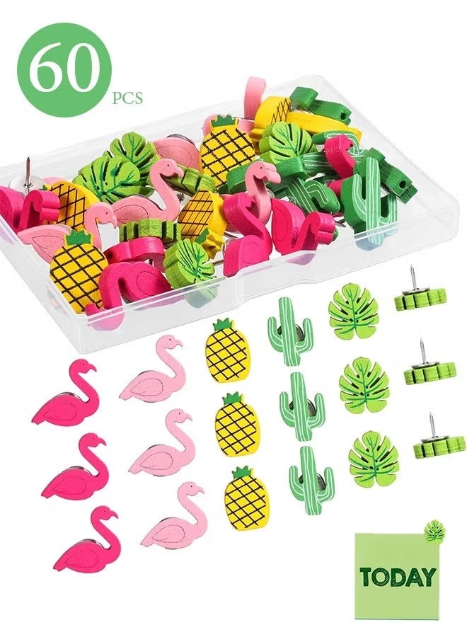 60 قطعة من دبابيس الإبهام الزخرفية اللطيفة على شكل طائر الفلامنجو والأناناس والصبار وأوراق النخيل، دبابيس لطيفة للصور على الحائط والخرائط ولوحة الإعلانات ولوحات الفلين - Image 1