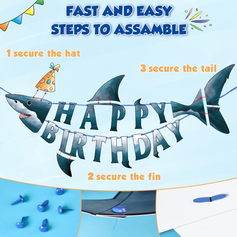 WERNNSAI Shark Happy Birthday Banner Set - Ocean Theme Party Supplies for Kids Boys Pre-strung Shark Birhday Banner and Ocean Animal Banner Beach Under The Sea Party Decorations Hanging Wall Decor - Image 2