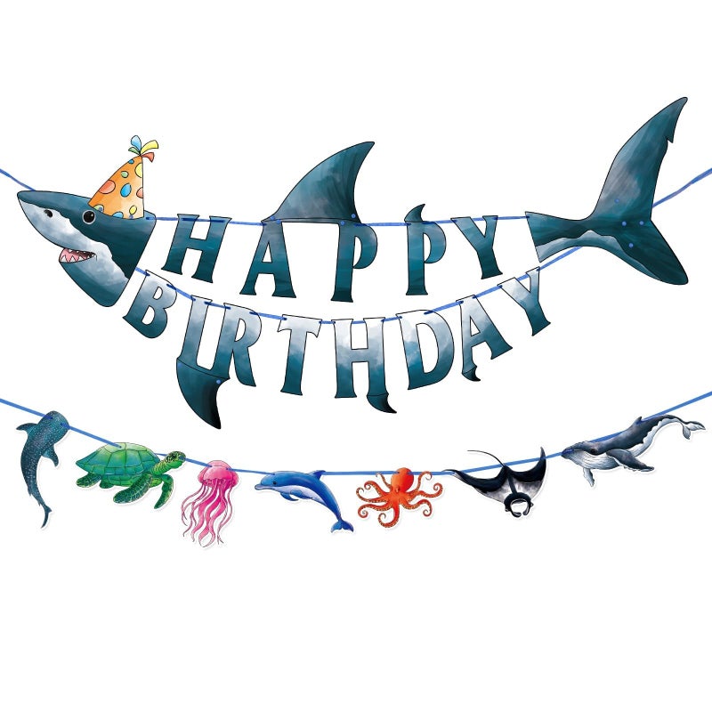 WERNNSAI Shark Happy Birthday Banner Set - Ocean Theme Party Supplies for Kids Boys Pre-strung Shark Birhday Banner and Ocean Animal Banner Beach Under The Sea Party Decorations Hanging Wall Decor - Image 1