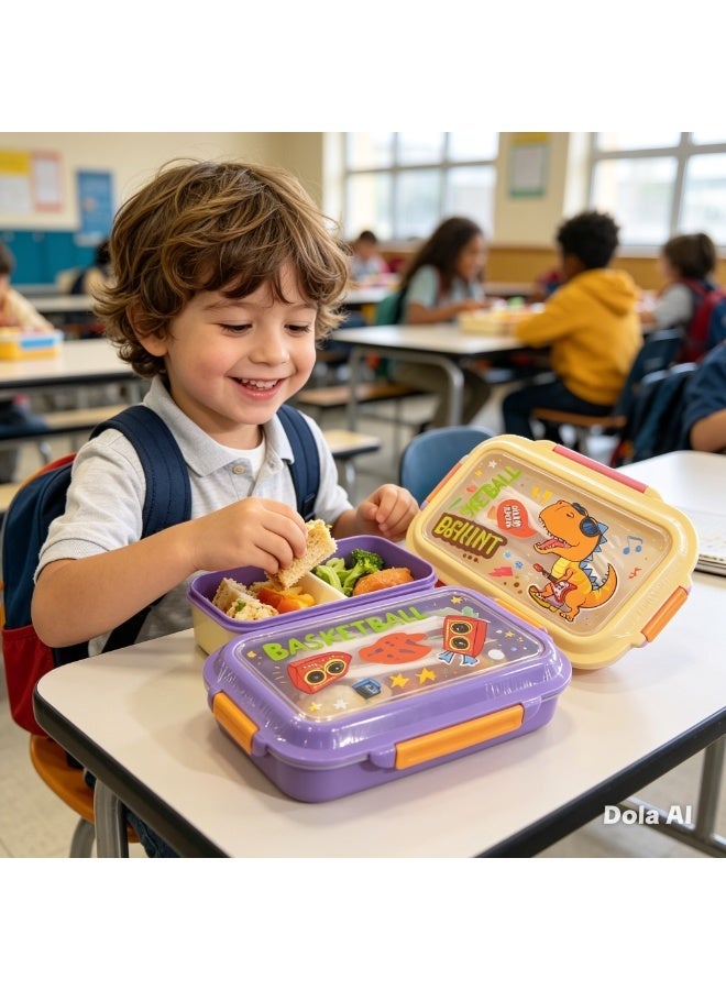 لانش بوكس أطفال ستانلس ستيل بقسمين بطبعة ديناصور – وردي وفيروزي مع مقبض حمل - Image 2