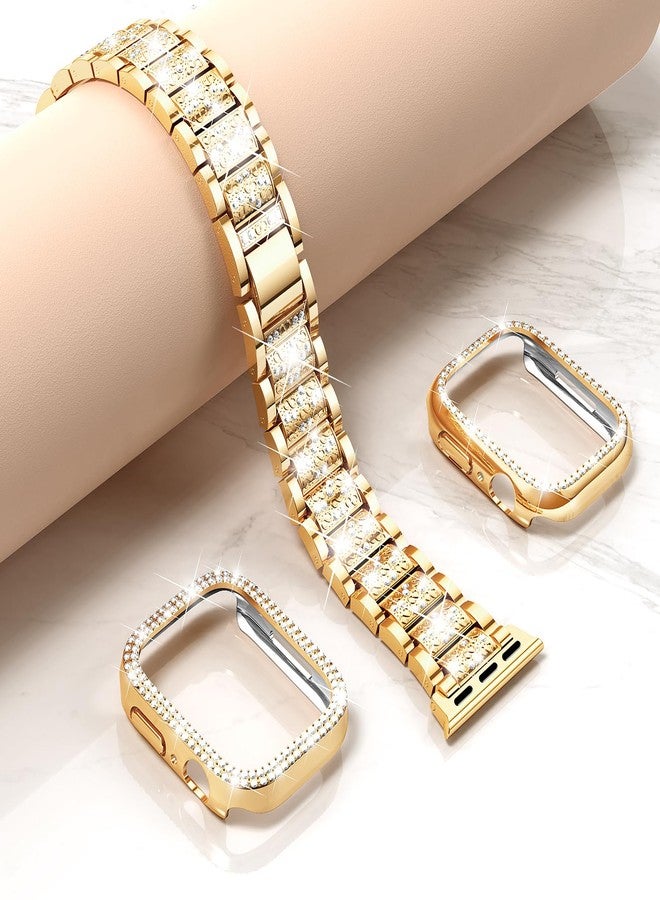 Mosonio Compatible with Apple Watch Band Series 9/8/7 45mm with Case Women, Jewelry Replacement Metal Wristband Strap with 2 Pack Bling PC Protective Cover for iWatch 45mm Series 9/8/7(Rose Gold) - Image 4
