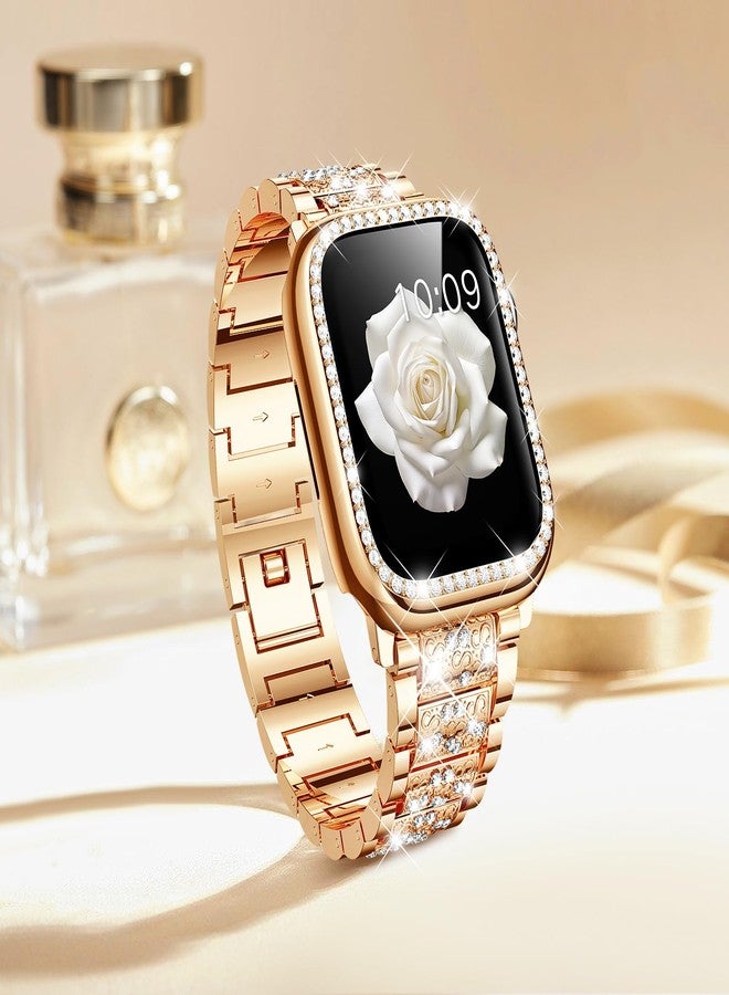 Mosonio Compatible with Apple Watch Band Series 9/8/7 45mm with Case Women, Jewelry Replacement Metal Wristband Strap with 2 Pack Bling PC Protective Cover for iWatch 45mm Series 9/8/7(Rose Gold) - Image 2