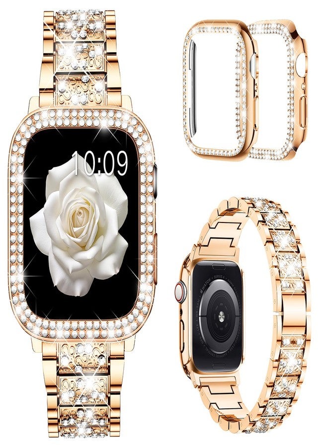Mosonio Compatible with Apple Watch Band Series 9/8/7 45mm with Case Women, Jewelry Replacement Metal Wristband Strap with 2 Pack Bling PC Protective Cover for iWatch 45mm Series 9/8/7(Rose Gold) - Image 1