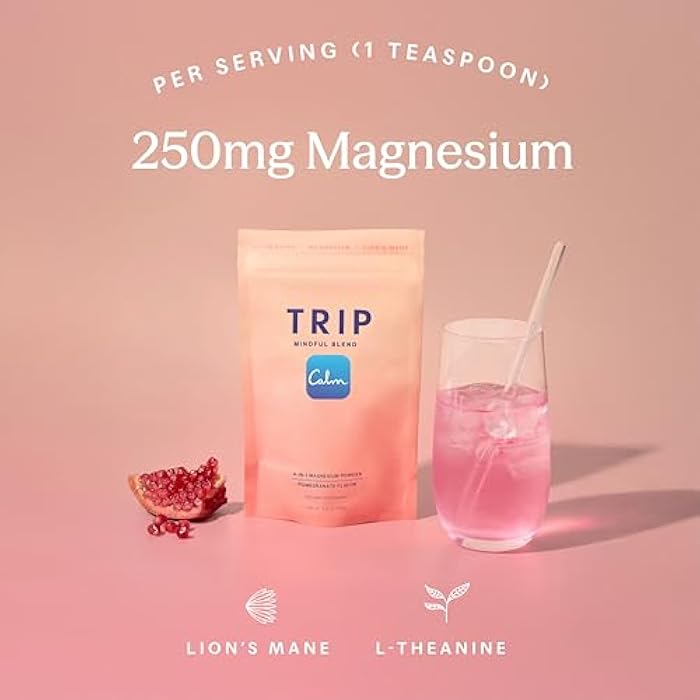 TRIP Magnesium Glycinate Powder with L-Theanine & Lion’s Mane, Sugar Free Magnesium Supplement for Adults, 250mg Magnesium per Drink Mix Serving, Pomegranate Orange Blossom, 1 Bag - 30 Servings - Image 3