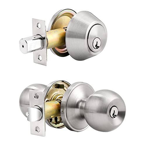Probrico Entry Door Knob with Single Cylinder Deadbolt Set Brushed Nickel Entry Door Lock Set with Key - Image 1