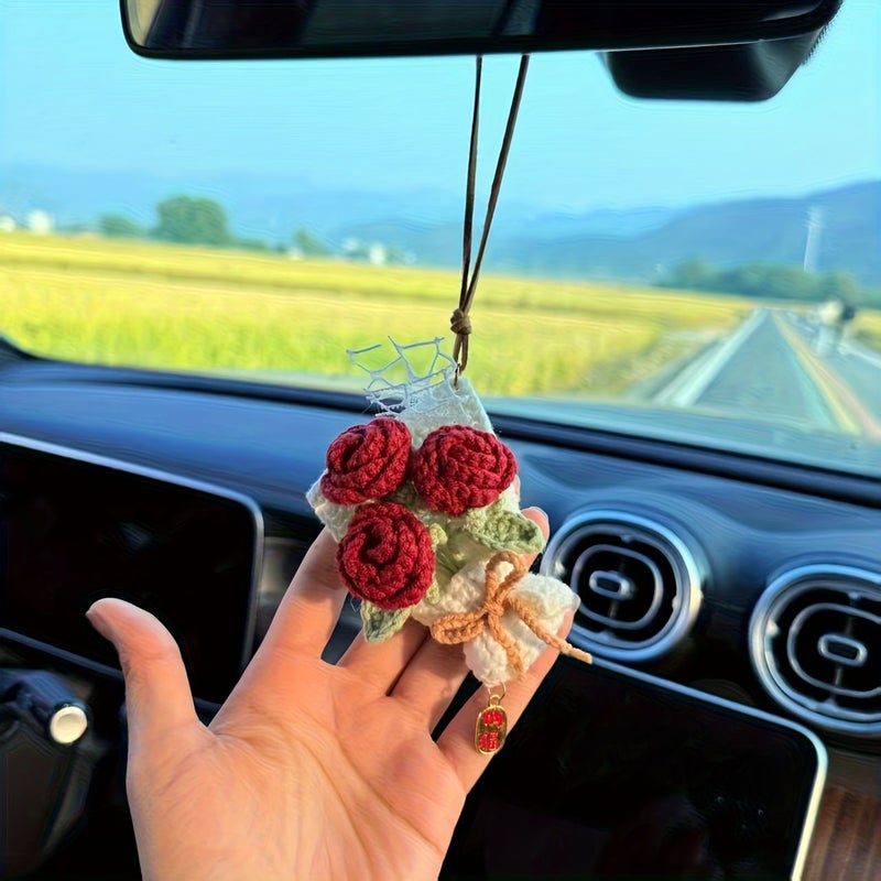 Handmade Crochet Pink Rose Bouquet Car Decoration Retro Style Bag Accessory Gift For Girlfriend - Image 4