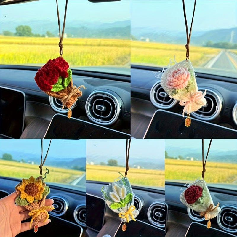 Handmade Crochet Pink Rose Bouquet Car Decoration Retro Style Bag Accessory Gift For Girlfriend - Image 1