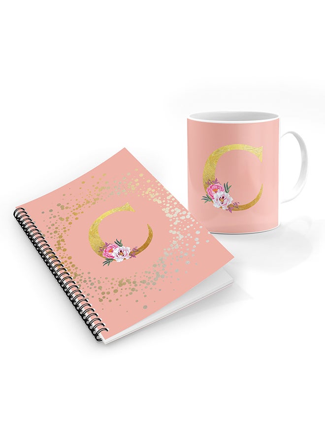 Stylizedd Printed Coffee Mug + A5 Spiral Notebook Memo Personalised Combo Gift Set Custom Monogram Initial Letter Floral Pattern Alphabet - C  (Rose Pink )