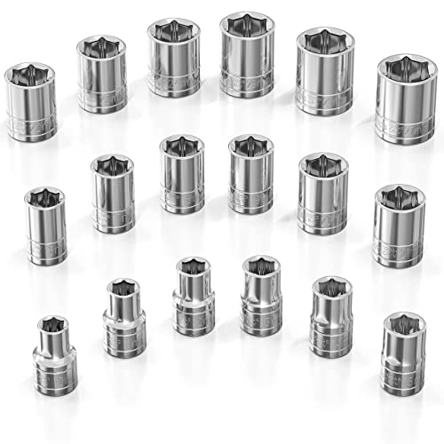 Olsa Tools Metric Shallow Socket Set 12Inch Drive 18pc 6Point Chrome Sockets from 10mm27mm and No Skipped Sizes Mechanic Shallow Metric Socket Set Professional Grade Sockets Part 1326