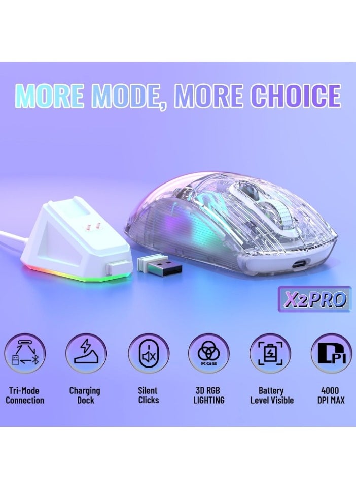 Attack Shark - X2 Pro Wireless Gaming Mouse with RGB Charging Dock,Tri-Mode PC Gaming Mice 2.4G/Bluetooth/Wired,Noiseless Mouse RGB Backlit,Transparent Shell,PixArt 3212 4000 DPI,for Win/MAC,Black - Image 1