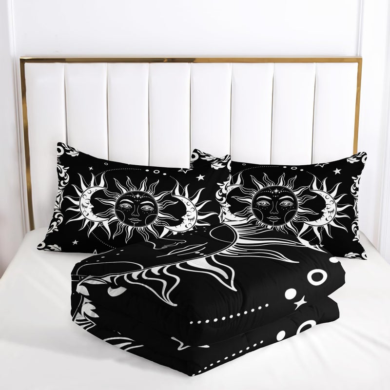 Tuzaovy Boho Queen Comforter Set for Girls - Bohemian Gothic Western Hippie Bedding Decor - Black and White Sun and Moon Design - Image 3